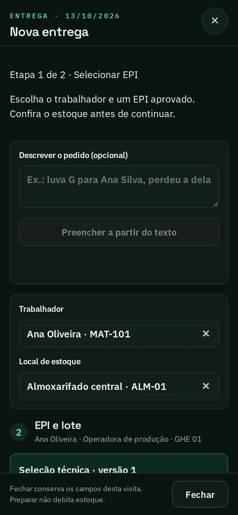 Nova entrega no salvflow pelo celular, com pedido por texto, trabalhador e seleção técnica