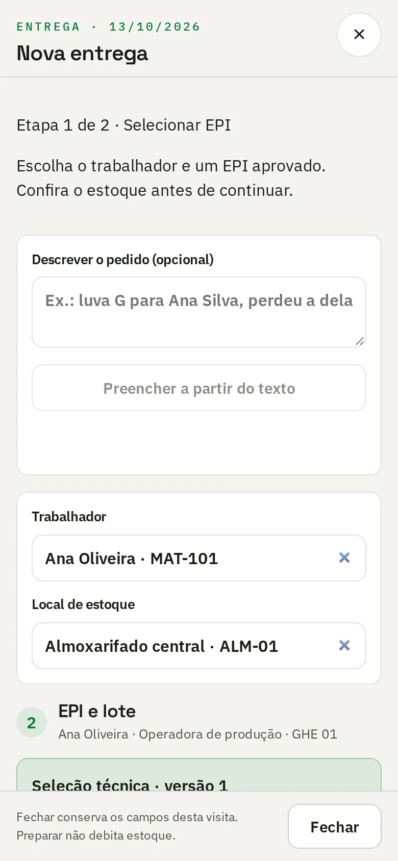 Nova entrega no salvflow pelo celular, com pedido por texto, trabalhador e seleção técnica