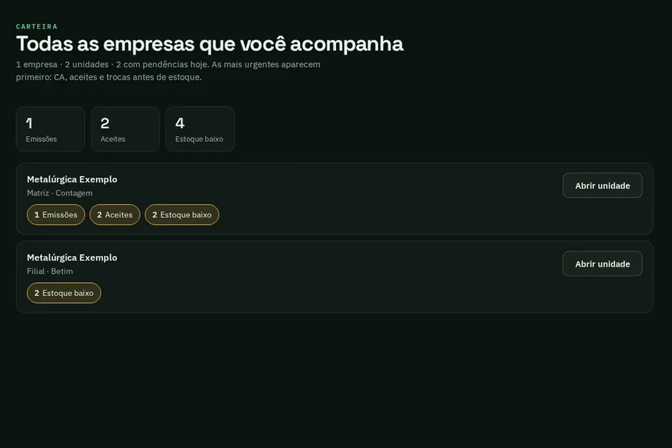 Tela real da Carteira do salvflow com empresas clientes e unidades de demonstração