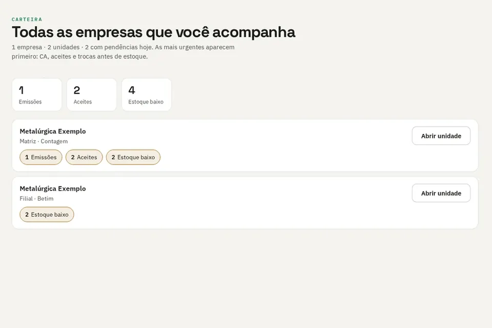Tela real da Carteira do salvflow com empresas clientes e unidades de demonstração