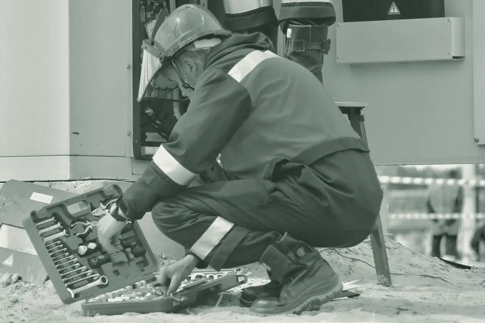 Técnico de manutenção com capacete, protetor facial, macacão e calçado de segurança