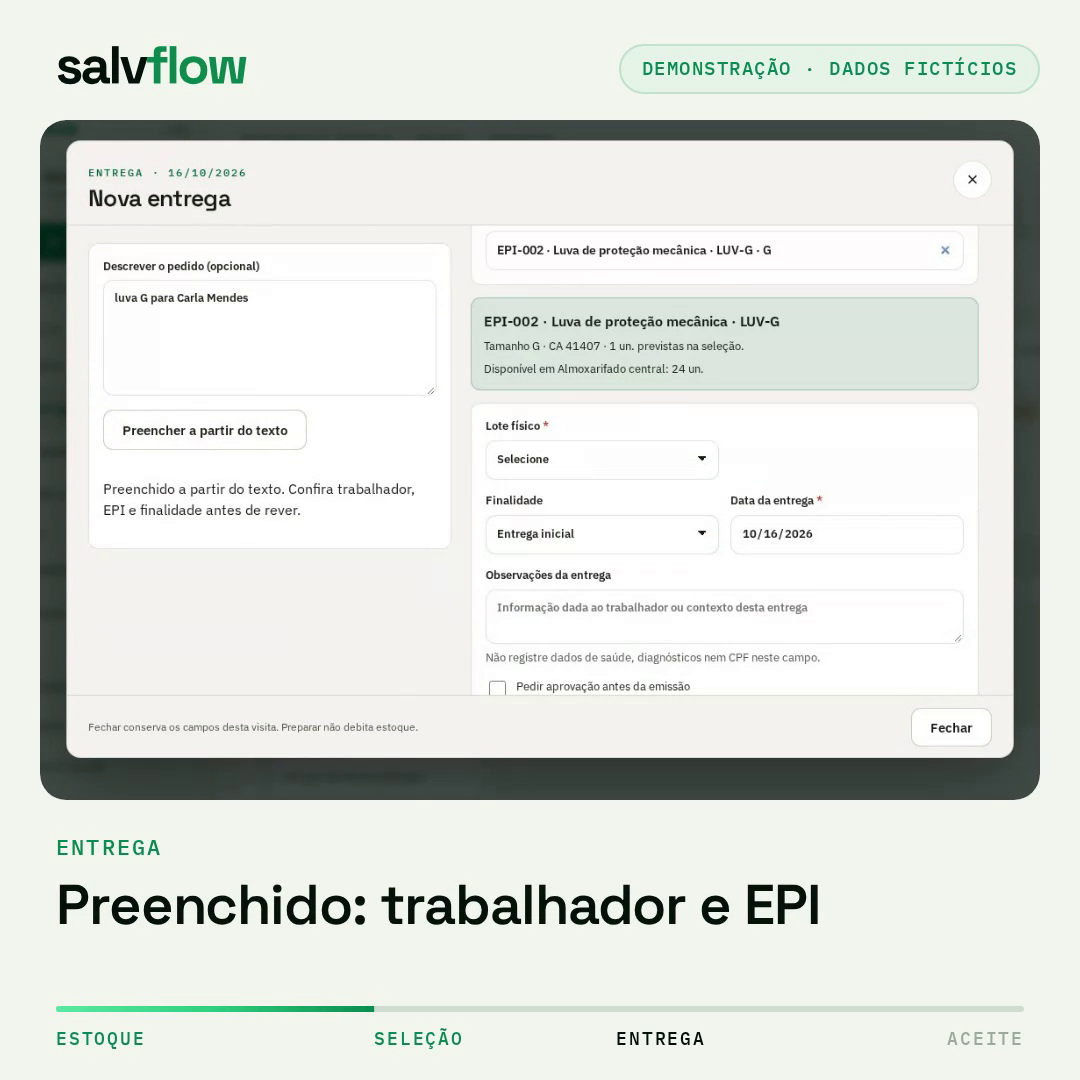 Tela real da demonstração do salvflow: pedido de entrega preenchido para revisão